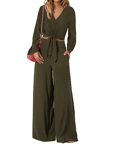 PRETTYGARDEN Women's 2 Piece Outfits 2025 Fall Fashion V Neck Long Sleeve Strappy Crop Top Wide Leg Pant Lounge Sets(Army Green,X-Large) - Image 1