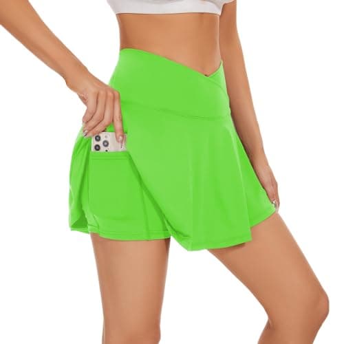 bpbtti Womens Pleated Tennis Skirt Crossover Golf Skorts Skirts with Pockets Activewear Summer Workout Running Shorts (Bright Green, S) - Image 1