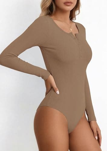 PRETTYGARDEN Long Sleeve Bodysuits for Women 2026 Ribbed Knit Henley Button Up Slim Fitted Basic Tops Spring Fashion Clothing (Light Khaki,Small) - Thumbnail 6