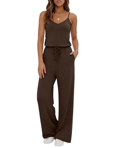 Ekouaer Womens Summer Jumpsuits Dressy Sleeveless Wide Leg Long Pants Rompers Casual One Piece Outfits with Pockets Brown XXL - Image 1