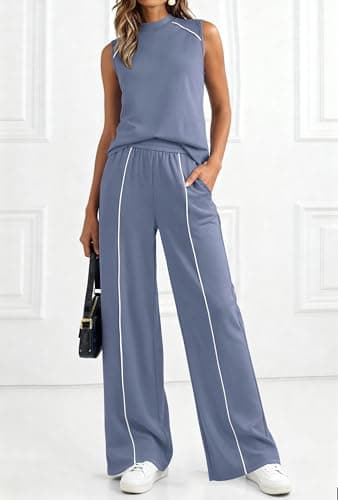BTFBM Womens 2 Piece Lounge Set 2026 Striped Travel Outfits Sweatsuit Mock Neck Tank Top Wide Leg Pants Casual Activewear(Grey Blue, X-Large) - Thumbnail 3