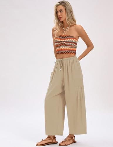 LOMON Womens Wide Leg Pants Linen Palazzo Summer Flowy Pants Drawstring Harem Pants Beach Travel Vacation Pants(Apricot,M) - Thumbnail 5
