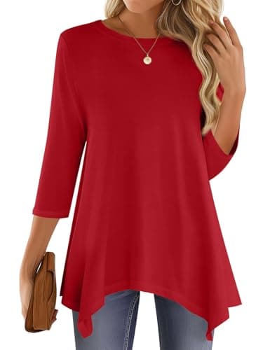 JUSTFASHIONNOW 3/4 Sleeve Tunic Tops for Women Loose Fit Dressy Casual Blouses Fall Shirts Christmas Tops Plus Size Womens Clothing（Red，X-Large - Thumbnail 2