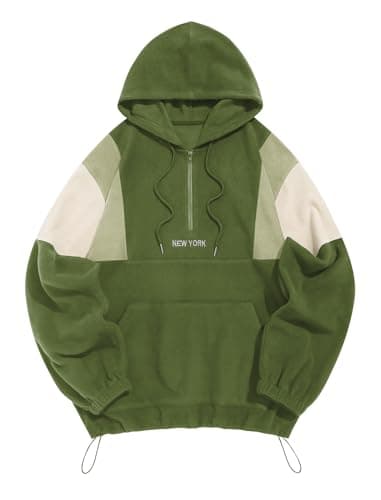 ZAFUL Men's Fluffy Polar Fleece Hoodie NEW YORK Embroidery Half Zip Unisex Hooded Sweatshirt Green XXL - Image 1