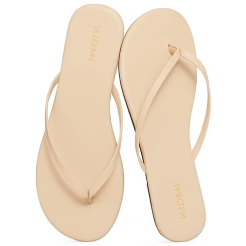 KIDMI Thong Flip Flops for Women - Memory Foam Summer Beach Sandals for Women - Vegan Leather Flat Sandals, Beige EU 41 - Image 1
