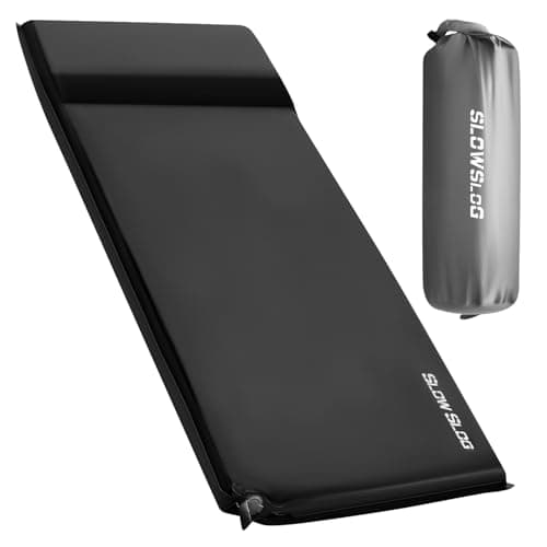 Slow Slog Self-Inflating Single Camping Pad with Pillow, 4in Ultra-Thick Foam Sleeping Mat with Pump Sack for 4-Season Hiking and Tent Travel, Portable Camping Mattress, Black