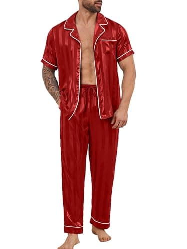 DEARCASE Mens Silk Satin Pajama Set Short Sleeve Sleepwear Red Stripe Small Classic Lightweight Button Down Loungewear with Long Pants For Father Boyfriend Husband - Image 1