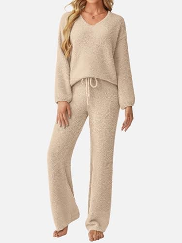 GKBK Womens 2 Piece Outfits Knit Sweater Sets Fuzzy Fleece Long Sleeve Top Wide Leg Pants Loungewear Matching Lounge Set 2026 Fall Winter Tracksuit Baggy Fashion Clothes Beige M - Thumbnail 2