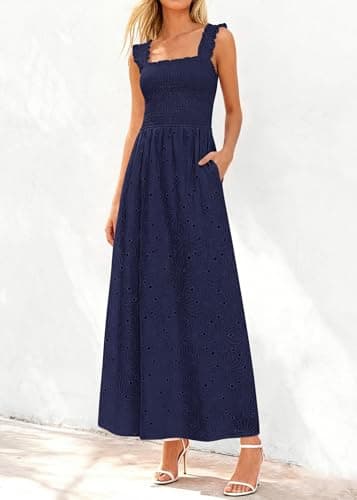 KIRUNDO Summer Lace Dress Vacation Outfits for Women 2026 Wedding Guest Dresses Maxi Beach Boho Sleeveless Cotton Sundress (Navy, X-Large) - Thumbnail 4