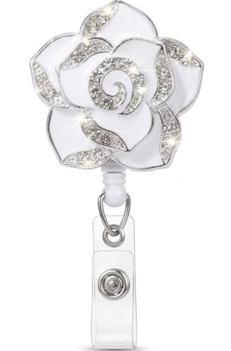 Hyloxs Badge Reel for Nurse Medical, Bling Camellia Flower Retractable ID Badage Holder for Occupational Therapy Gifts Funny Badge Holder for Teachers Students Employees ID Badge - Image 1