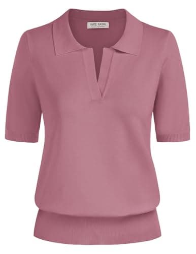 Kate Kasin Short Sleeve Sweaters for Women, V Neck Knit Tops, Business Casual Polo Shirts Dusty Pink L - Image 1