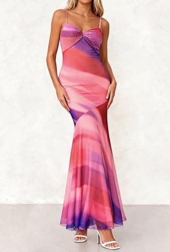 BTFBM Summer Dresses for Women 2026 Spaghetti Straps Sundress Twist Knot Mesh Mermaid Wedding Guest Dress Beach Vacation(Print Multicolour, Small) - Thumbnail 4