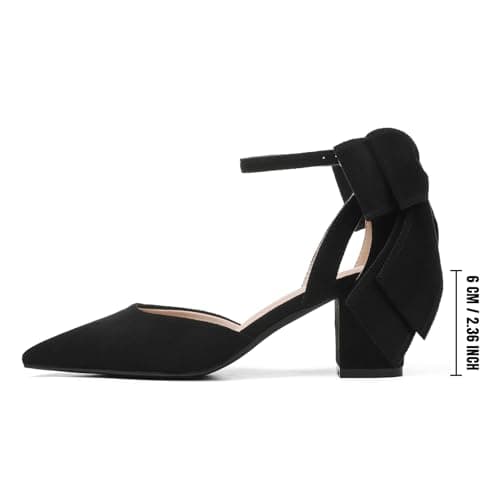 Yremael Women's Black Pointed Toe Pumps Bow Ankle Strap Chunky High Heels Dress Wedding Shoes - Thumbnail 4