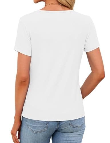 Short Sleeve Tops for Women Henley T Shirts Stretchy Ribbed Summer Tops Ribbed Knit Fitted Basic Slim Fitted Casual Top T-Shirt 2026 White M - Thumbnail 5