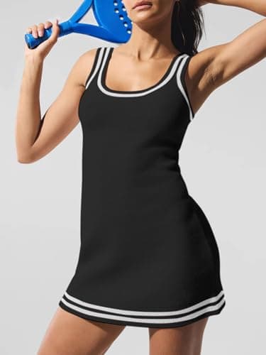 Dokuritu Women's Striped Knit Tennis Dress Sleeveless Slim Fit A-Line Mini Athletic Golf Sweater Dress Trendy Activewear 2026 Black - Thumbnail 5