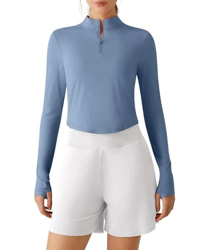 G4Free Ultra-Stretchy Athletic Tops for Women UPF 50+ UV Shirts Thumbholes Long Sleeve Pullover Workout Tees(Dusty Blue,XL) - Image 1