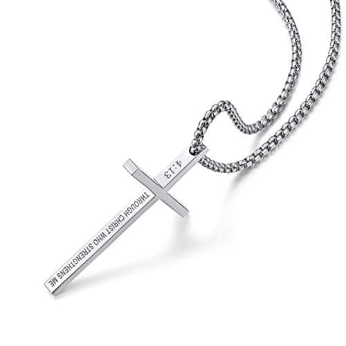 Rehoboth Stainless Steel Cross Pendant Necklaces for Men Women Philippians 4:13 Strength Bible Verse Pendant Chain 24 Inch Silver - Thumbnail 2