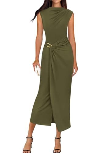 BTFBM Dresses for Women 2026 Summer Clothes Formal Bodycon Mock Neck Cap Sleeve Midi Party Cocktail Wedding Guest Dress(Army Green, Large) - Image 1