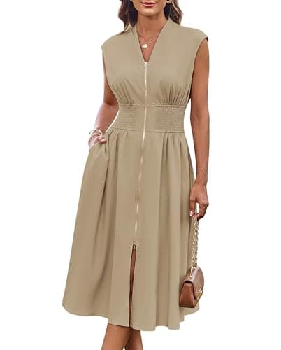 GRACE KARIN Womens Summer Sleeveless Dress V Neck 2025 Causal Beach Vacation Sundress Midi Dress to Work Apricot L - Image 1
