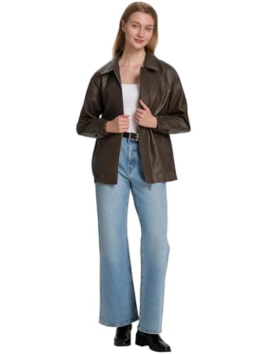 Moreone Faux Leather Jacket Women Oversize Leather Bomber Jacket Zip Up Going Out Jackets for Women 2026 Fall Fashion Moto Jacket coffee S - Thumbnail 2