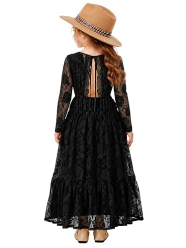 ALLOVIN Toddler & Girls Long Sleeve Lace Flower Girl Dress Maxi Boho A-Line Dress for Wedding Baptism 1st Communion | Black | 11-12Y - Image 1