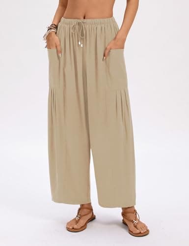 LOMON Womens Wide Leg Pants Linen Palazzo Summer Flowy Pants Drawstring Harem Pants Beach Travel Vacation Pants(Apricot,M) - Thumbnail 2