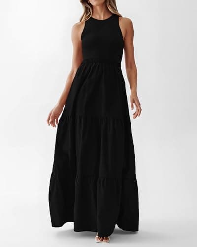 BTFBM Women Sleeveless Summer Dresses Wedding Guest Maxi Dresses Ribbed Knit Tops and Polyester Skirt with Pockets(Solid Black,Medium) - Thumbnail 4