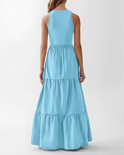 BTFBM Women Sleeveless Summer Dresses Wedding Guest Maxi Dresses Ribbed Knit Tops and Polyester Skirt with Pockets(Solid Light Blue,Medium) - Thumbnail 3