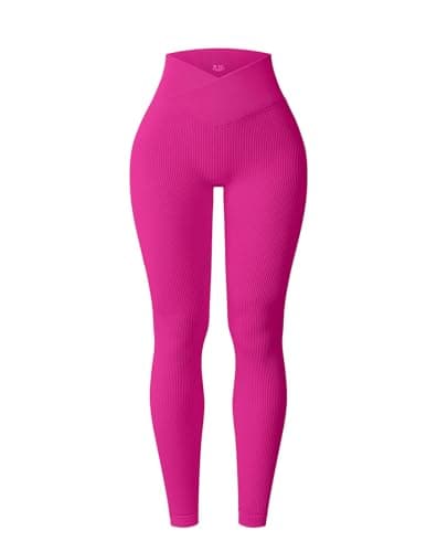 YOAKUKA Yoga Ribbed Leggings for Women High Waisted Tummy Control Seamless Butt Lifting Crossover Workout Gym Athletic Pants Rose - Image 1