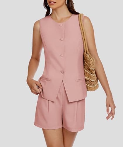 Casly Lamiit 2 Piece Outfits for Women Summer Casual Short Sets 2025 Round Neck Vest Ladies Business Suiting Work Matching Attire Pink S - Thumbnail 5