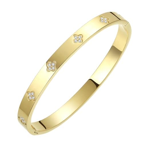 BOLAGTIER Gold Plated Bangle Bracelets for Women Four Leaf Clover Lucky Love Cubic Zirconia Bracelet (Clover Gold-Small) - Image 1