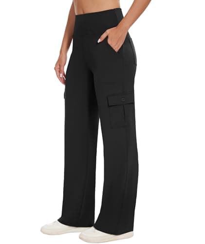 LXP Yoga Cargo Pants Women Wide Leg Pants with Pockets High Waist Stretch Dress Casual Business Work Travel Pants,29",Black,2XL - Image 1