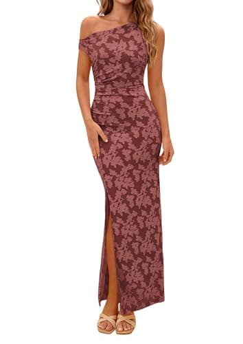 PRETTYGARDEN Womens Floral One Shoulder Maxi Dress 2026 Summer Spring Wedding Guest Formal Bodycon Ruched Cocktail Dresses (Wine Red,Small) - Image 1