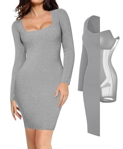 Popilush Plus Size Dresses Long Sleeve Cocktail Gray Square Neck Midi Dress Shapewear Tummy Control Bodycon Dress Party Evening Built in Bra