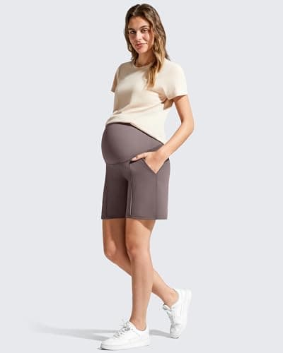 G4Free Maternity Athletic Shorts Over The Belly Comfy Wide Leg Pregnancy Casual Shorts with Pockets Summer Postpartum(Taupe,XXL) - Thumbnail 6