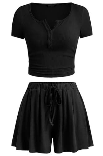 PRETTYGARDEN 2 Piece Sets For Women Summer Short Sleeve Button Up Shirts Drawstring Elastic Waist Shorts Lounge Set 2026(Black,Small) - Image 1
