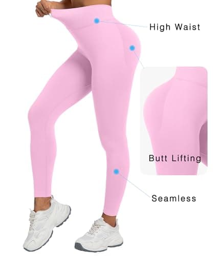YOAKUKA Women's Seamless Leggings High Waisted Compression Workout Leggings Tummy Control Yoga Pants Baby Pink - Thumbnail 5