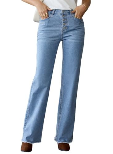 Sidefeel Women's Wide Leg Jeans High Waisted Stretchy Straight Leg Jeans Trendy Button Fly Raw Hem Denim Pants Iceland Blue Size 6 - Image 1