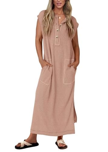 KIRUNDO Womens Summer Dresses 2026 Spring Ribbed Knit Henley Short Sleeve Maxi Dress Button Up Loose Beach Vacation Sundress(Khaki, X-Large) - Image 1