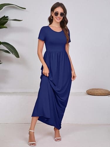 DEARCASE Maxi Dress for Women Dark Blue X-Large Crewneck Short Sleeve Sundresses Wedding Guest A-line Casual Loose Party Vintage Spring Summer Vacation Flowy Beach Long Dresses with Pockets - Thumbnail 3