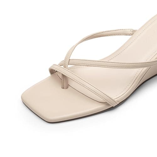 Athlefit Women's Dressy Summer Wedge Sandals Slip On Casual Strappy Thong Slides Cute Square Open Toe Flip Flop Heels for Women Nude Size 10 - Thumbnail 5