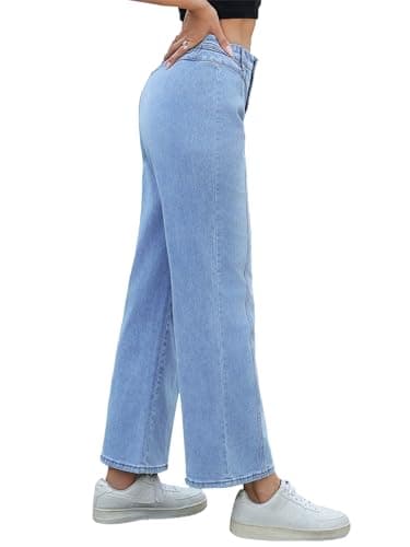 PEIHOT Wide Leg Jeans for Women High Waisted Straight Leg Stretchy Jeans Seamed Paneling Denim Pants Fall Light Blue - Thumbnail 5
