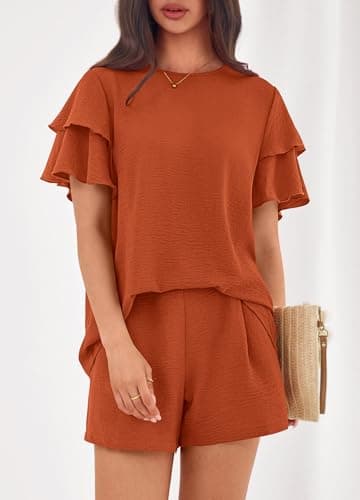 KIRUNDO Two Piece Sets For Women Summer Casual Loose Ruffle Short Sleeve Matching Shorts Sets Beach Vacation Cruise Outfits(Brown Orange, Medium) - Thumbnail 4