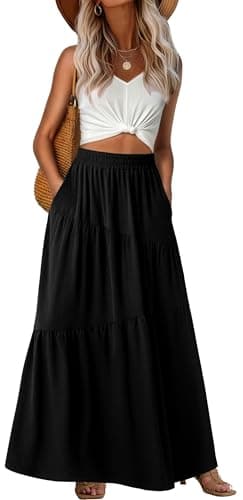 GRECERELLE Women's Balck Maxi Skirt Casual Flowy Tiered A-Line Elastic High Waist Long Skirts with Pockets for Summer Beach Vacation, L Black - Image 1
