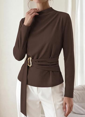 PRETTYGARDEN Women Blouses 2026 Fall Dressy Mock Neck Long Sleeve Work Shirts Buckle Belted Tunic Business Casual Tops(Brown,Small) - Thumbnail 4