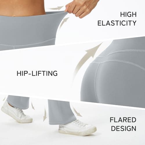 AMLEER Women's Buttery Soft High Waisted Yoga Leggings - Flare Bootcut Tummy Control Pants, Workout Leggings for Yoga Gym Silver - Thumbnail 5