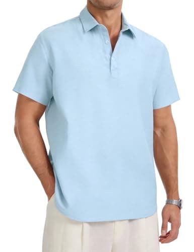 Eisctnd Men's Polo Shirts Short Sleeve Linen Blend Golf Collared T-Shirt for Summer Wedding Beach Vacation Business Casual(SkyBlue-L) - Image 1