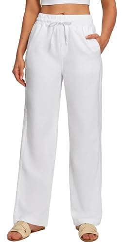 Heathyoga Linen Pants Women Summer Cotton Beach Pants for Women Casual Wide Leg Palazzo Pants Drawstring Vacation Outfits White - Image 1