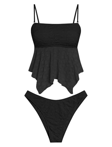 ZAFUL Tankini Swimsuit for Women Tummy Control Lace Jacquard Flowy Swim Top Square Neck Spaghetti Sting Bathing Suits (Black S) - Image 1