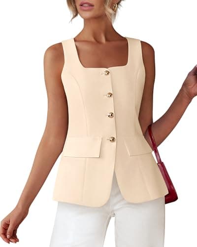 BTFBM Womens Sleeveless Suit Vests Dressy Casual Square Neck Business Work Waistcoat Spring Button Blazer Vest Tops 2026(Light Khaki, X-Large) - Image 1